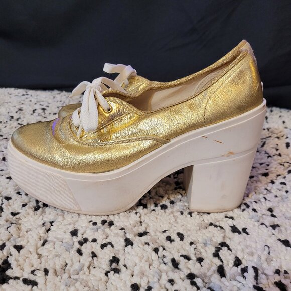 Bakers Gold Platform Lace Up Italy Ankle Chunky Heels - Picture 2 of 13